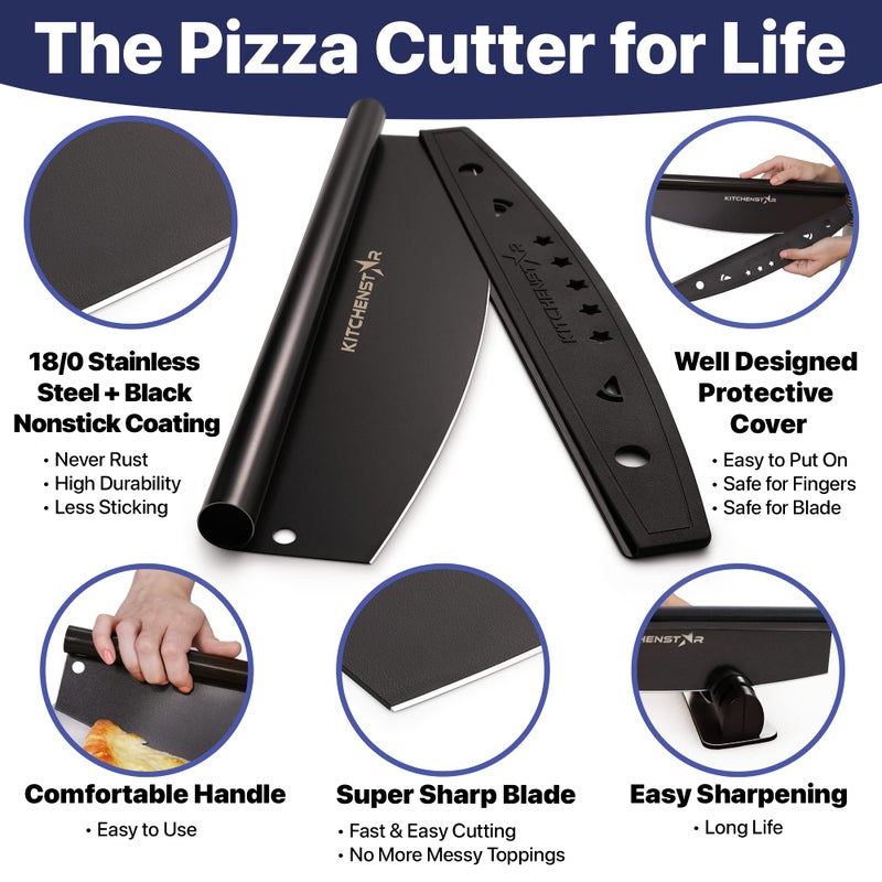 kitchen-star KitchenStar 16-Inch Pizza Cutter Rocker Blade - Sharp Stainless Steel Slicer Knife, Protective Cover, Black Nonstick, Large - Professional Pizza Oven Accessories - Image 3